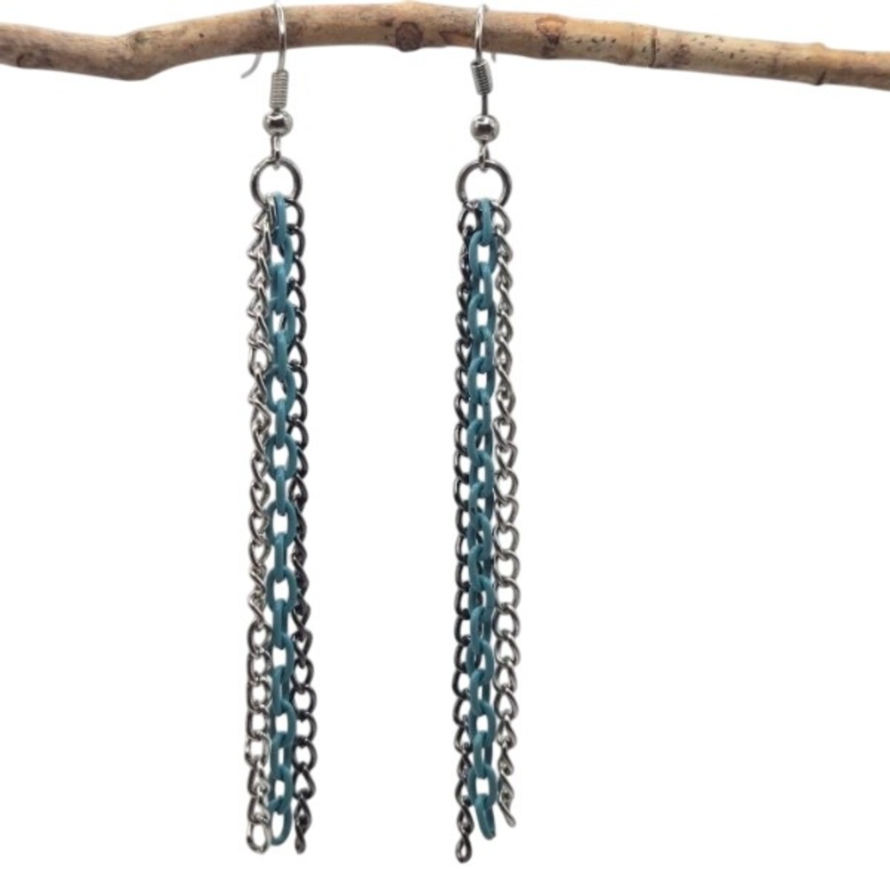 Dangle Drop Triple Chain Earrings Blue Silver‎ Tone Fashion Jewelry